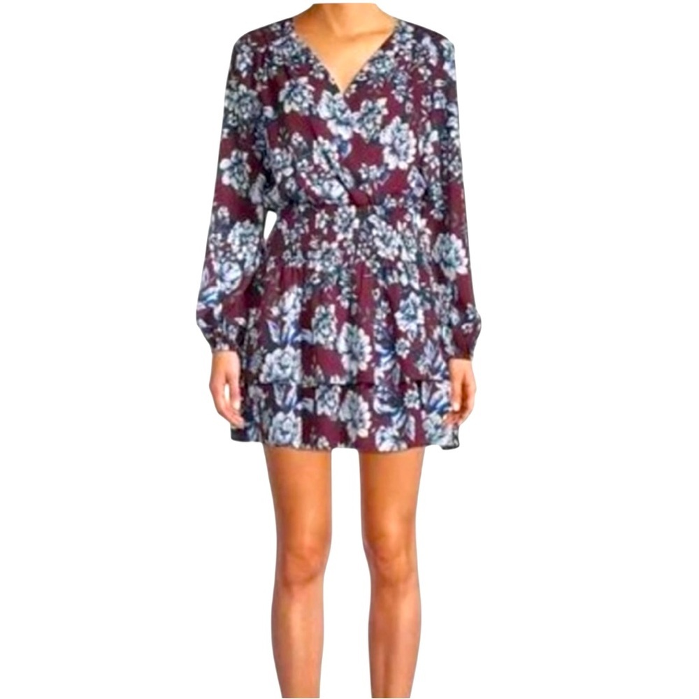 Floral Long Sleeve Burgundy Mini Dress Tiered Skirt Boho Fall‎ Size S